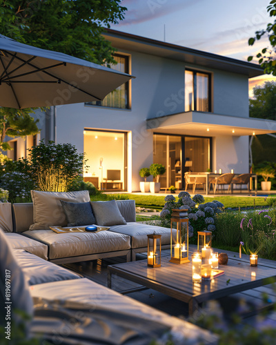 modern outdoor garden with seating area, candles and lanterns, grey sofas and white furniture