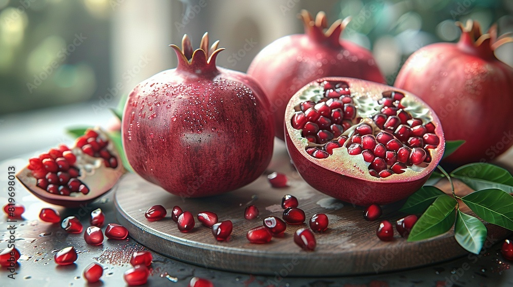 A cluster of crimson pomegranates perched on a rustic wood board alongside a verdant foliage leaf A cluster of crimson pomegranates perched on a rustic wood board alongside a verdant foliage leaf