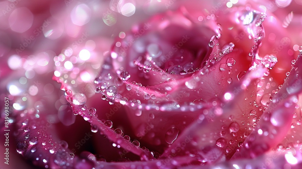   A close-up of a pink rose with water droplets on it and a pink rose in the background