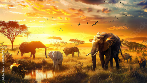 Glorious Wild animals group - giraffe, elephant, zebra, camel, buffalo above white clouds photo