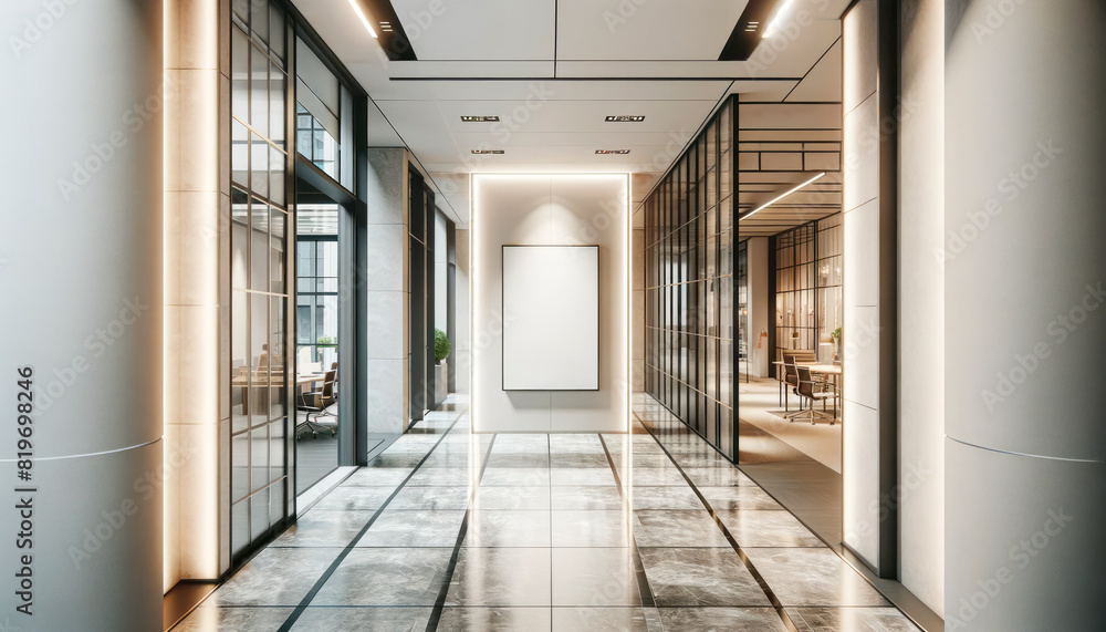 Obraz premium A modern hallway interior with an empty frame for mockup, showcasing a clean and sleek design on a marble and glass background. Generative AI