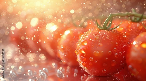   A clear shot of ripe red tomatoes arranged neatly on a wooden table, with subtle water droplets glistening on their surfaces, set against a softly blurred background photo