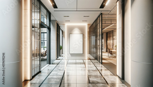 A modern hallway interior with an empty frame for mockup  showcasing a clean and sleek design on a marble and glass background. Generative AI