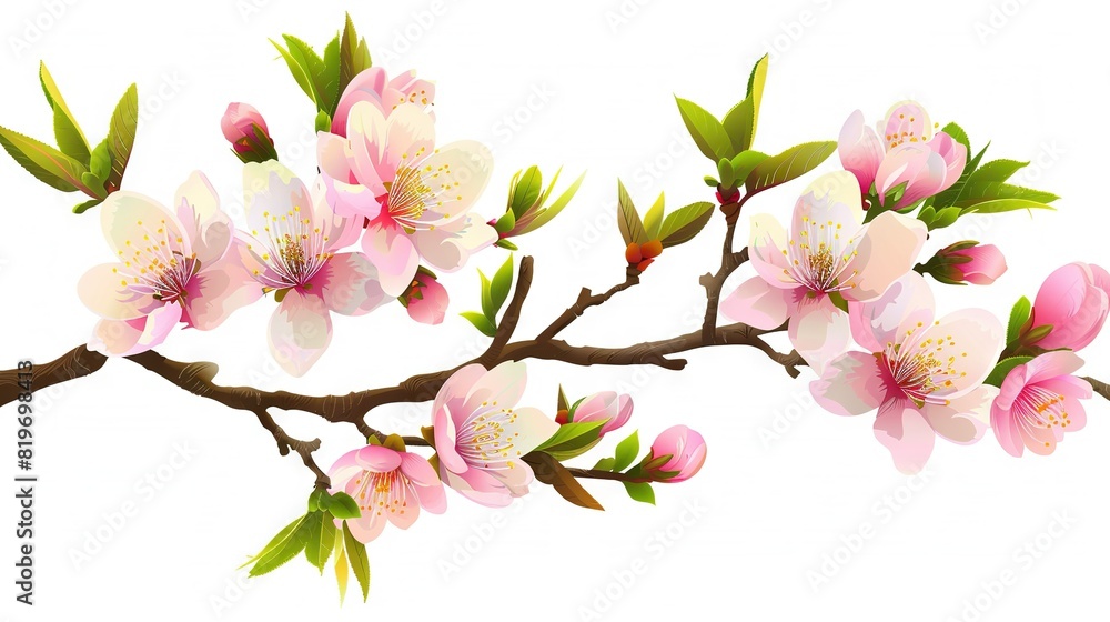   Pink and white flowers bloom on a branch of a tree with green leaves and buds against a white backdrop