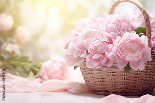 soft pink and white peony flowers in a wooden basket with blurry bokeh  with space for text