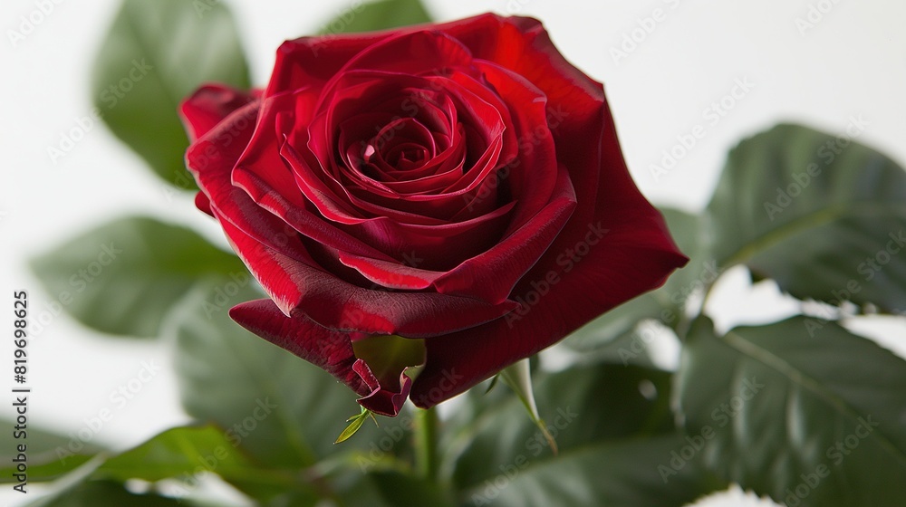 A red rose with green leaves on a white background against a white wall A red rose with green leaves on a white background against a white wall