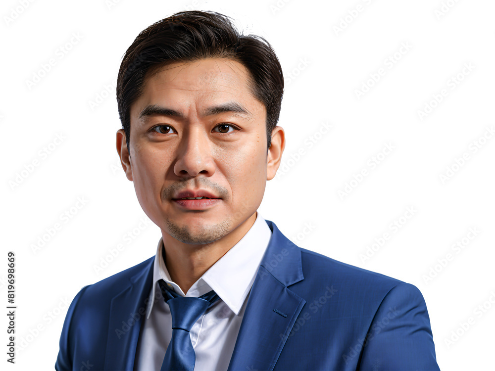 An attractive Asian businessman wearing a blue suit is shown in this white backdrop portrait. An attractive Asian businessman wearing a blue suit is shown in this white backdrop portrait.