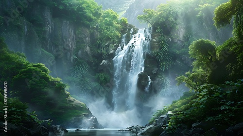 A majestic waterfall cascading down a rocky cliff  surrounded by lush greenery and misty spray.