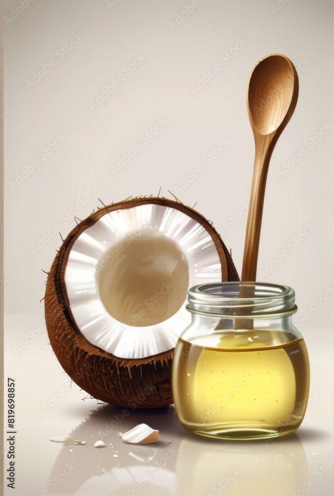 visually appealing and realistic image of coconut oil. In a modern kitchen The main focus is a clear glass jar filled with pure, white coconut oil. Beside the jar, depict a coconut
