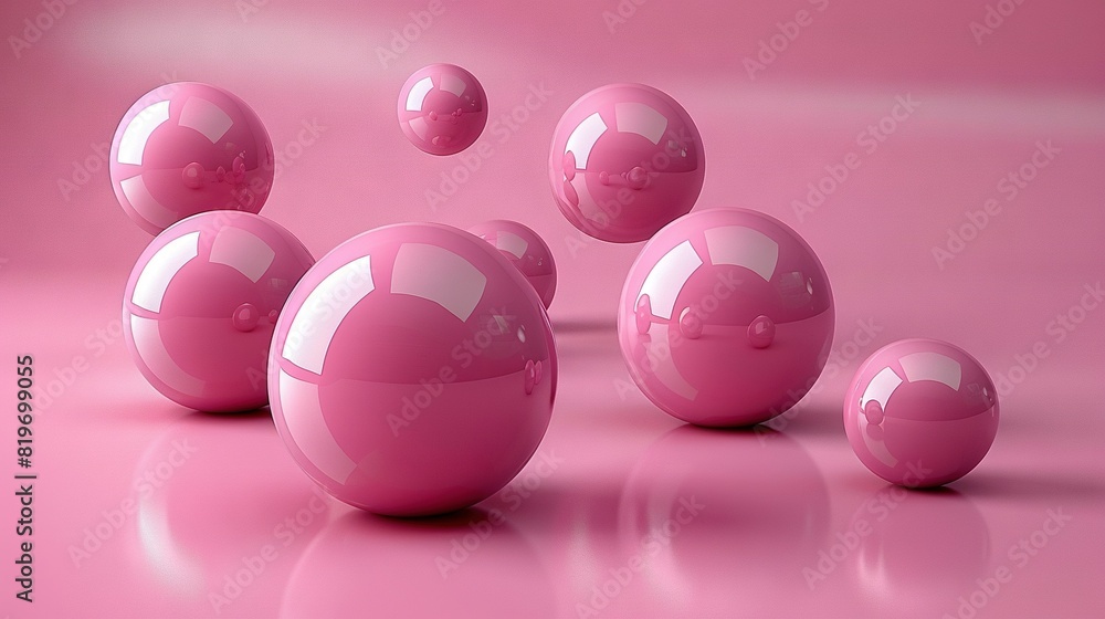 A collection of spheres in shades of pink bobbing atop a mirrored plane, their reflections perfectly aligned A collection of spheres in shades of pink bobbing atop a mirrored plane, their reflections perfectly aligned