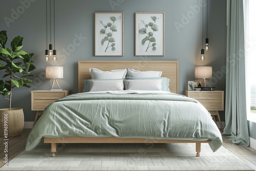 Scandinavian style interior design of modern bedroom with bed featuring pastel green bedding and bedside tables
