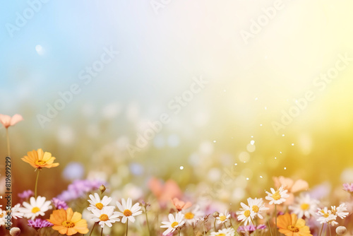 Fototapeta Naklejka Na Ścianę i Meble -  colorful summer flowers with a blurry bokeh background and space for text, summer flower meadow, soft colors