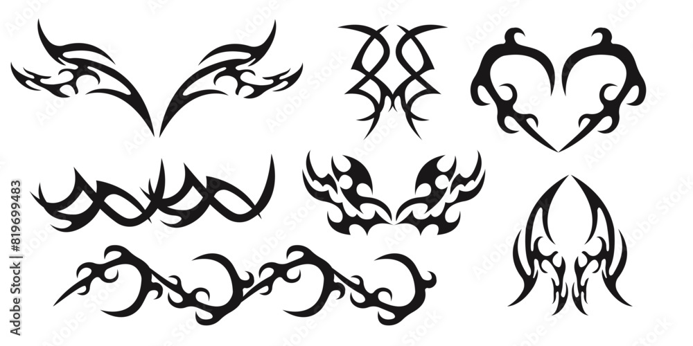 Set Neo tribal y2k aesthetic tattoo gothic cover, fire or wings abstract silhouette isolated on background. Divider, border, cyber body ornament, neotribal web goth decoration Set Neo tribal y2k aesthetic tattoo gothic cover, fire or wings abstract silhouette isolated on background. Divider, border, cyber body ornament, neotribal web goth decoration