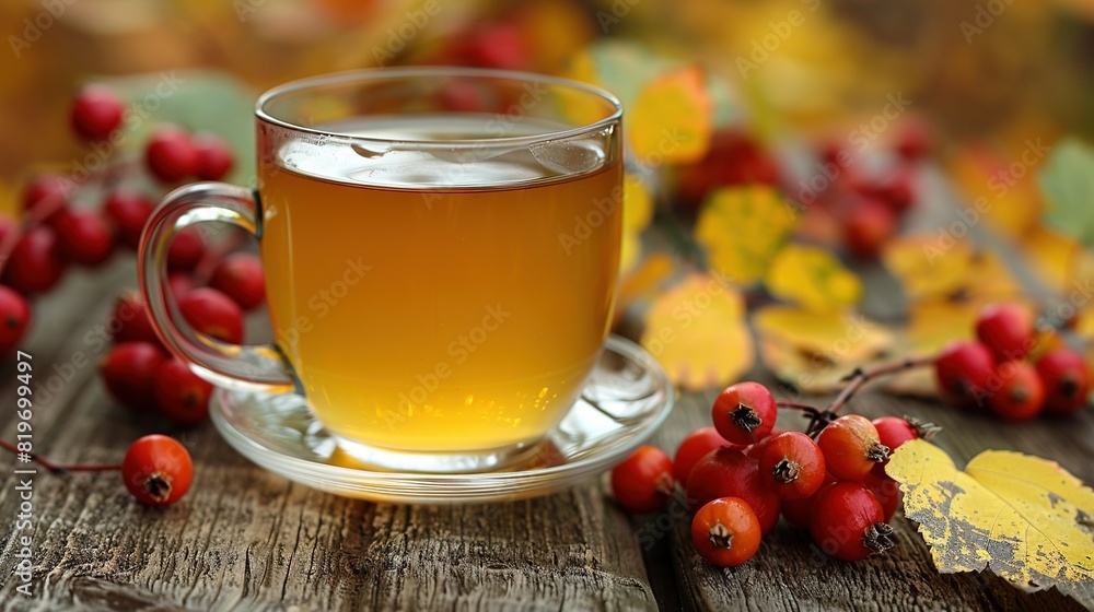 A cup of tea resting on a wooden table beside a mound of leaves and a cluster of berries A cup of tea resting on a wooden table beside a mound of leaves and a cluster of berries