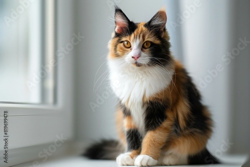 A calico cat is sitting down on white background