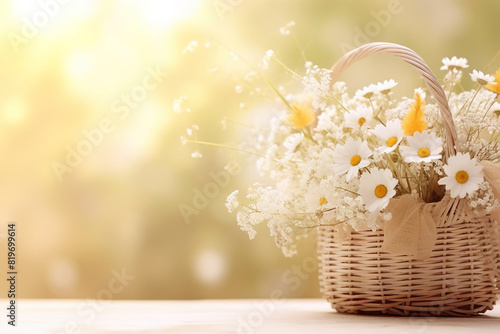 summer flowers in a wooden basket with a blurry bokeh background with space for text