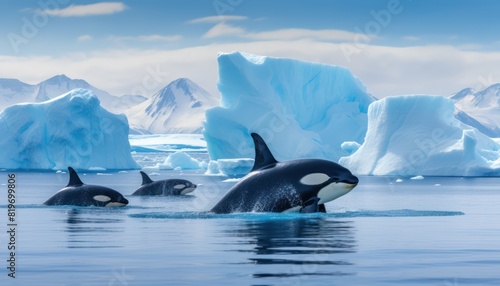 Groups of Orcas or killer whales swim and hunt for prey, the top of the food chain in a sea of ​​ice floes