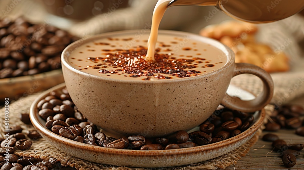 A mug of coffee being poured onto a plate with coffee beans and cookies A mug of coffee being poured onto a plate with coffee beans and cookies