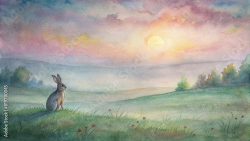 Soft watercolor strokes evoke the peaceful ambiance of a meadow at dawn, with a lone hare silhouetted against the rising sun. © Woonsen