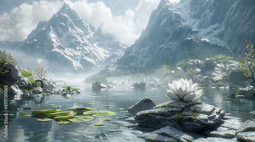  Digital painting of mountain lake with lily pads in foreground and mountain range in background photo