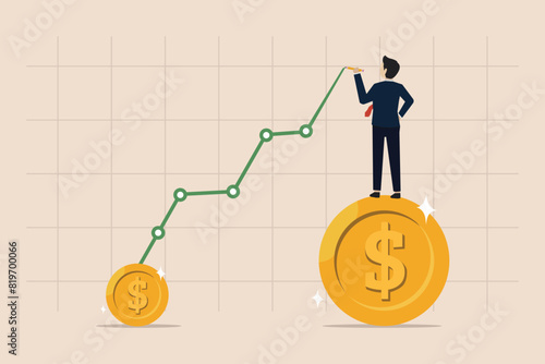 Dollar currency increase, income increase, dollar currency growth concept, businessman drawing graph of dollar price increase.