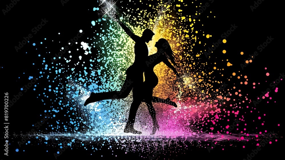   Man and woman dance, vibrant colors surround them, a shimmering star above