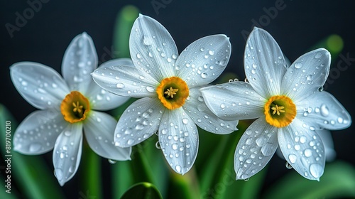  A close-up of three white flowers with droplets of water on them and green stems against a black backdrop