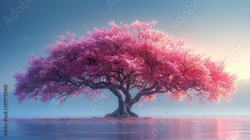   A tree with pink flowers stands tall in the center of a serene body of water  surrounded by a brilliant blue sky