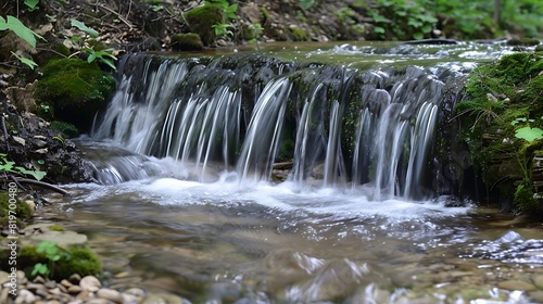 A peaceful waterfall gently flowing over moss-covered rocks into a clear mountain stream.