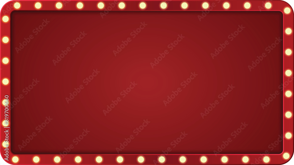 Retro light box frame border with 16:9 aspect ratio, red shining marquee banner for web, presentation, thumbnail, vector isolated, cut out.