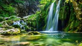 A peaceful waterfall gently flowing over moss-covered rocks into a clear mountain stream.