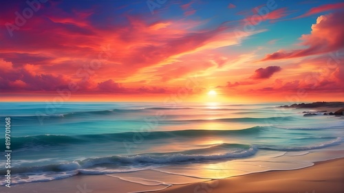 HD footage of a stunning sunset over a placid ocean with brilliant colors in the sky photo
