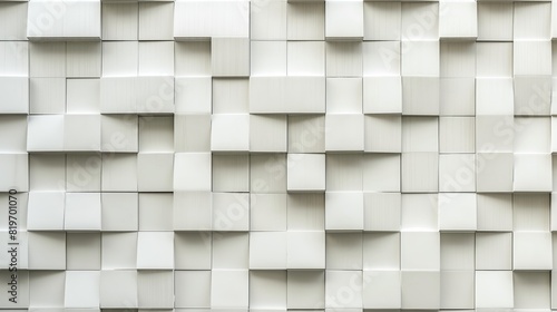 Detailed view of a wall constructed with uniform white cubes, creating a geometric pattern