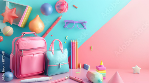 Pink and Blue Back to School Background With Backpack, Pencils, and Stationery Items photo