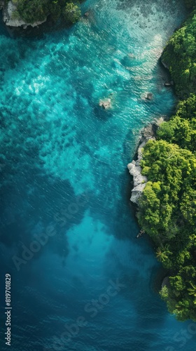 Aerial View of Pristine Tropical Waters - Stunning overhead shot of vibrant blue-green tropical waters meeting lush green foliage. Perfect for travel and nature themes.