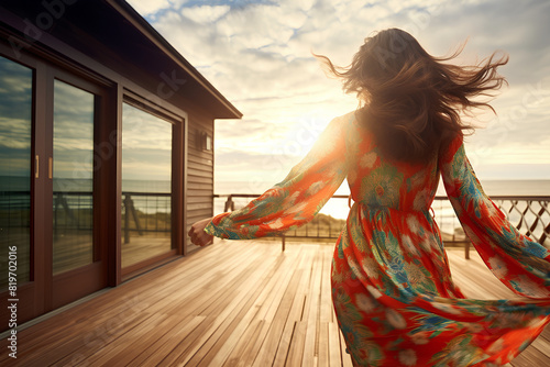 beautiful back photo of caucasian model in swimsuit and summer cardigan walking on wooden floor outdoors, wind waving her fabric