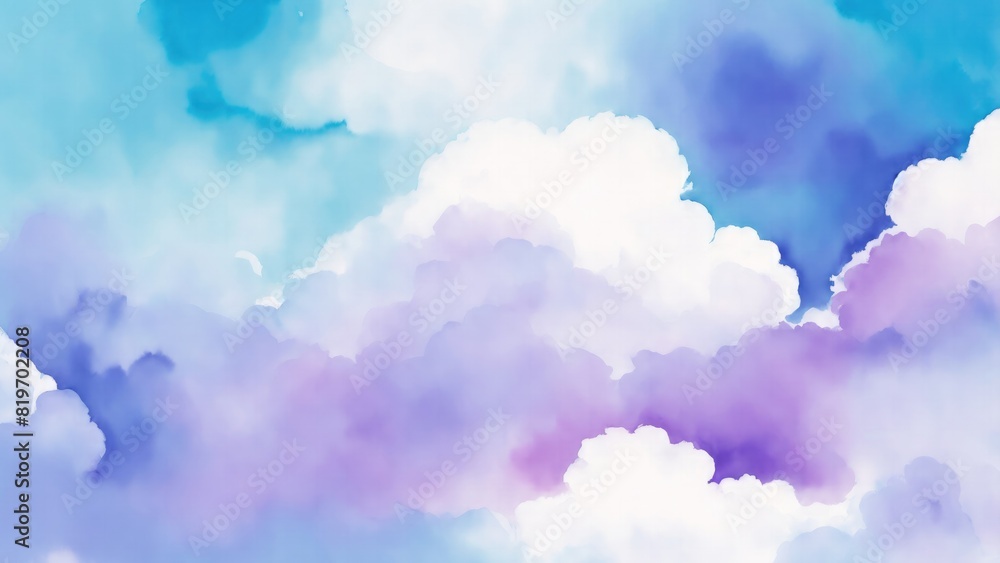Cyan blue and purple watercolor background abstract puffy clouds in bright colors