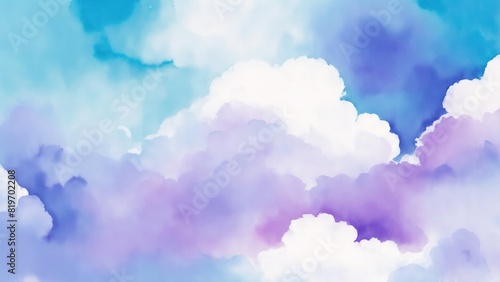 Cyan blue and purple watercolor background abstract puffy clouds in bright colors photo