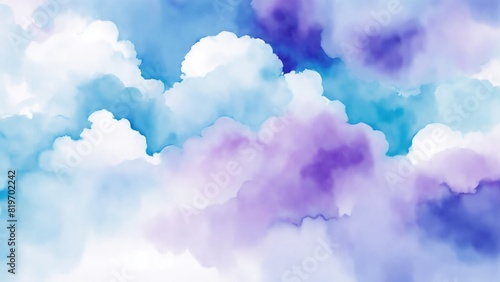 Cyan blue and purple watercolor background abstract puffy clouds in bright colors photo