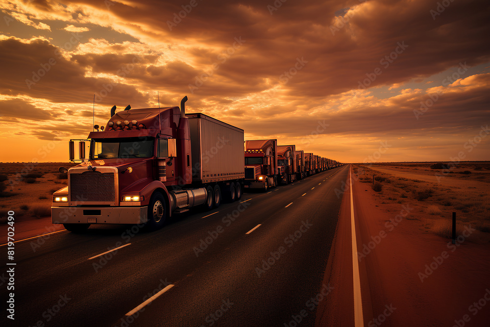 Caravan or convoy of trucks on the highway Caravan or convoy of trucks on the highway