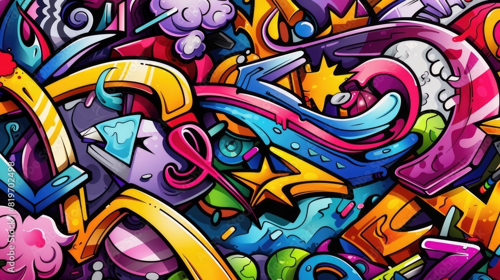 Hand drawn cartoon abstract artistic graffiti background illustration bursting with vibrant colors and creative street art elements
