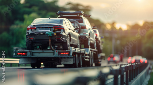 Two Cars Being Transported on a Truck