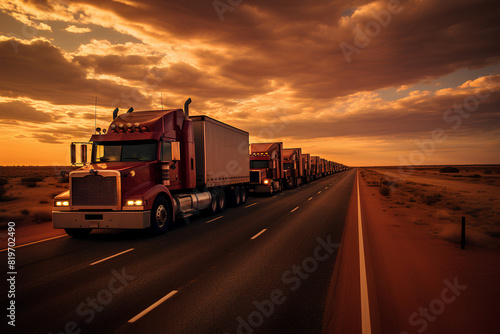 Caravan or convoy of trucks on the highway