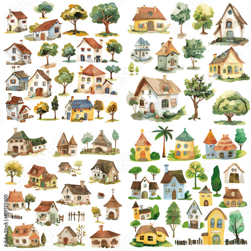 Beautiful hand-painted watercolor houses with rustic charm, cozy cottages, and lush greenery, ideal for artistic projects, storybook illustrations, and creative designs.