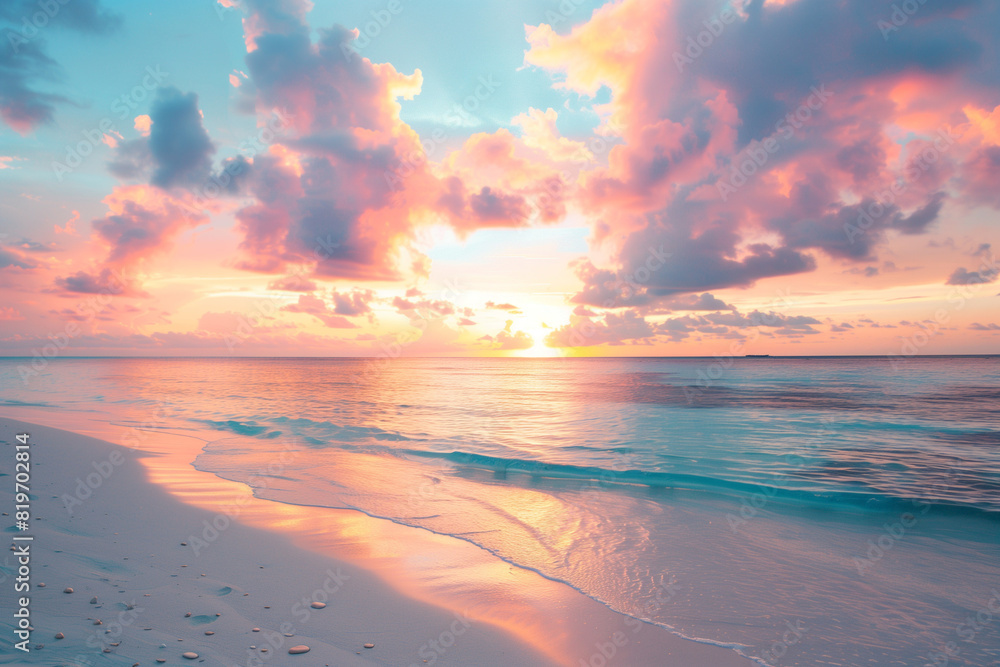 Paradise Found: Beach Sunset Painting with Cotton Candy Clouds