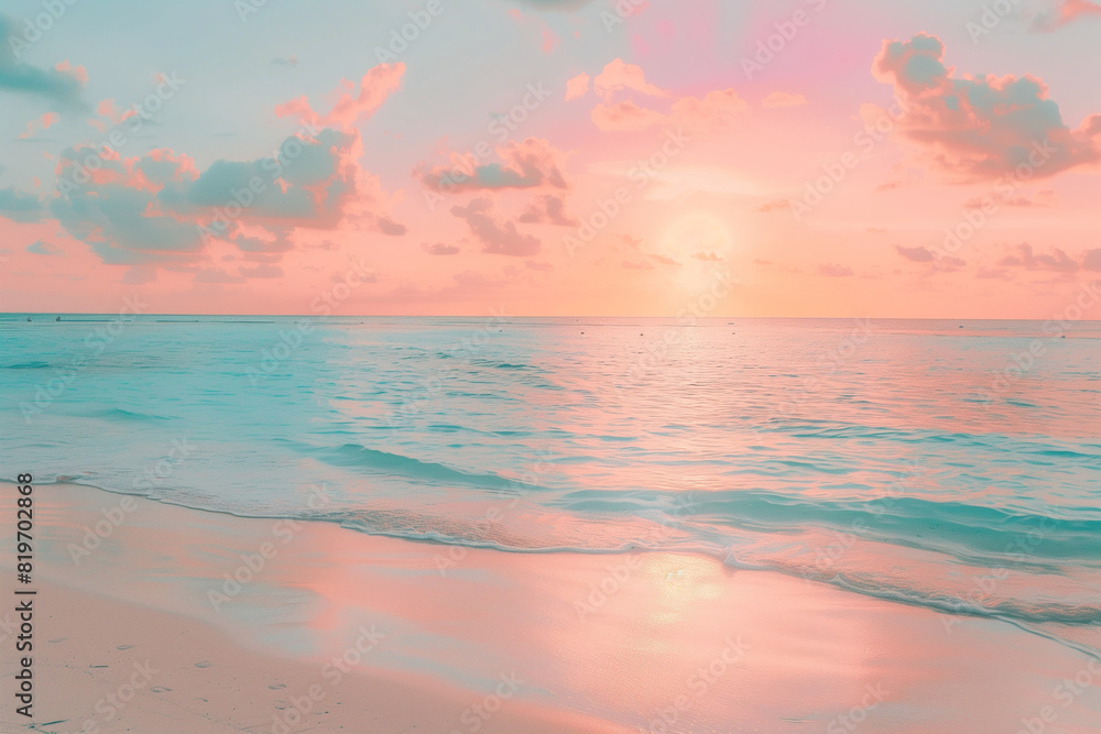 Coastal Dreamscape: Sunset on a Pristine Beach with Fluffy Clouds