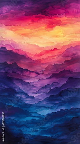 Colorful abstract painting of waves in gradient shades of red, purple, blue, and orange, evoking a sense of serenity and calmness.
