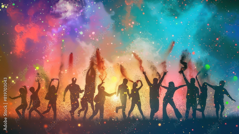 Silhouettes of people joyfully tossing colorful powder into the air, creating a magical and enchanting scene against a radiant background. Silhouettes of people joyfully tossing colorful powder into the air, creating a magical and enchanting scene against a radiant background.