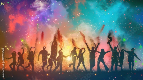 Silhouettes of people joyfully tossing colorful powder into the air, creating a magical and enchanting scene against a radiant background. 