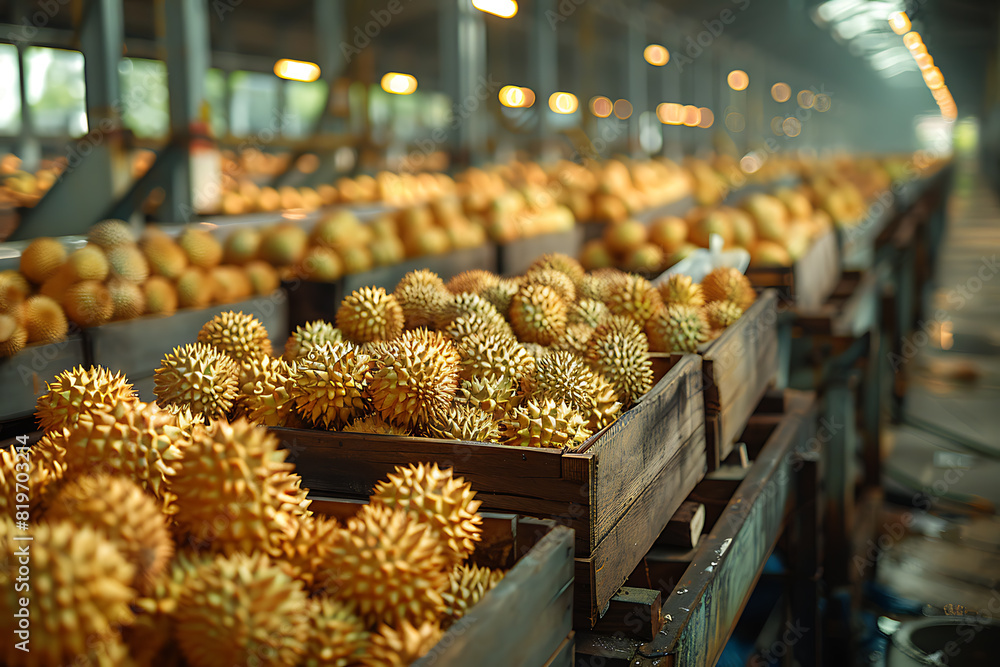The harvested durians are neatly packed in wooden boxes on the sorting line, ready for distribution at a bustling orchard during the peak of the harvest season